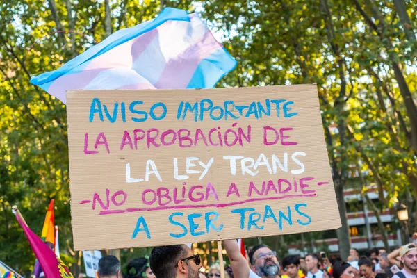 Madrid España Julio 2022 Una Pancarta Favor Una Ley Trans — Foto de Stock