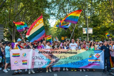 Madrid, Spain: July 9, 2022: Multiple pride flag and rainbow in the party of the gay pride parade, lgbt in Madrid