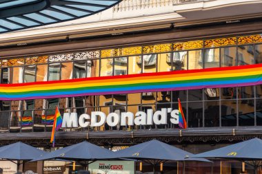 Madrid, Spain: July 9, 2022: Mcdonalds decorated in the gay pride party Madrid in the gran via