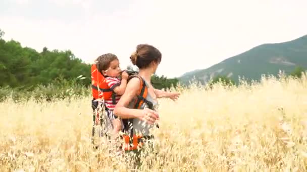Woman Her Son Field Yellow Wheat Grain Ready Harvest Summer — Video Stock