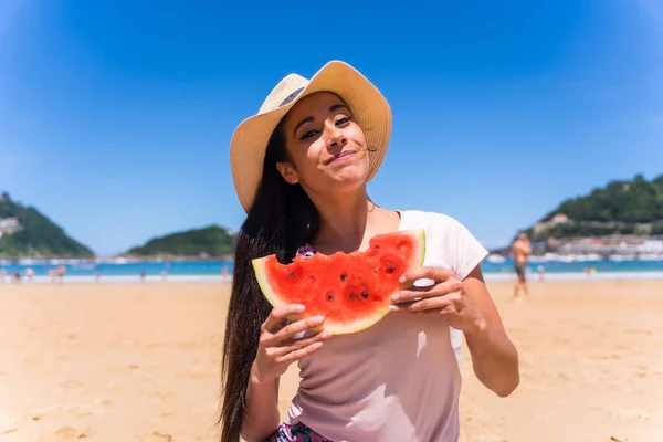 Young Brunette Caucasian Woman Eating Watermelon Beach Summer Vacation — стокове фото
