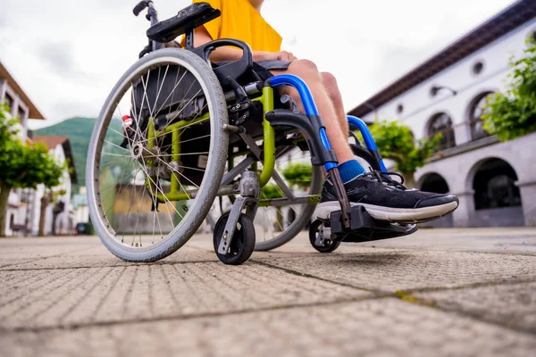 Detail Disabled Person Wheelchair Walking Town Square — Stock Fotó