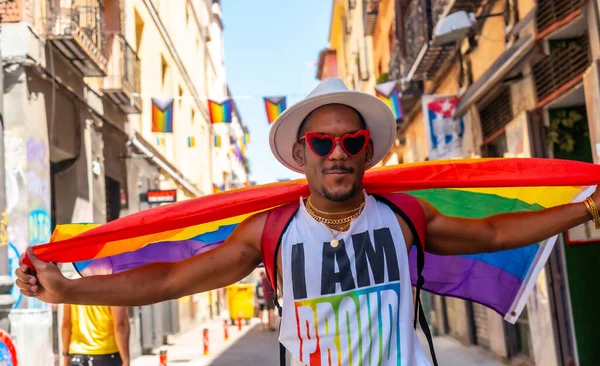 Gay Black Man Walking Pride Party Lgbt Flag — 图库照片