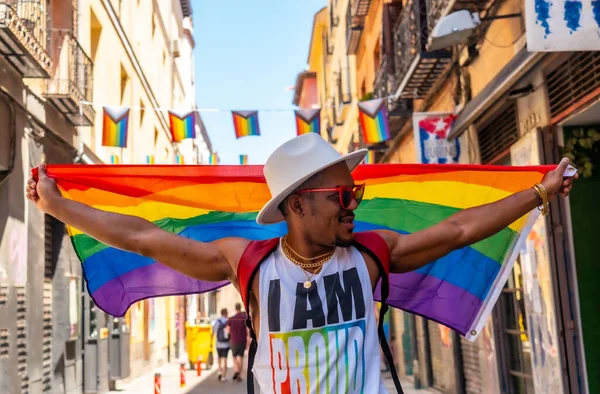 Gay Black Man Walking Pride Party Lgbt Flag — 图库照片