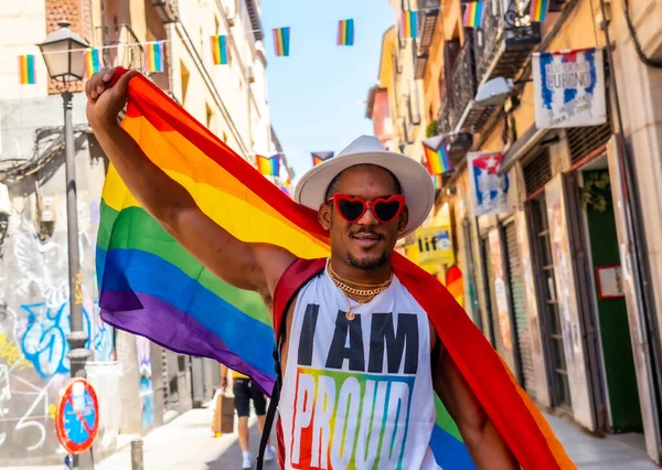 Portrait Gay Black Man Walking Pride Party Lgbt Flag — 图库照片