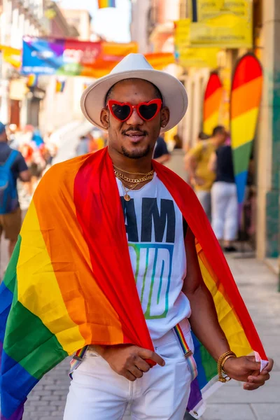 Portrait Gay Black Man Walking Pride Party Lgbt Flag — Fotografia de Stock