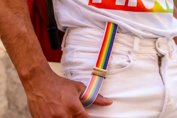 Rainbow Suspenders Gay Black Man Pride Party Lgbt Flag — Fotografia de Stock