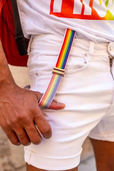 Rainbow Suspenders Hand Gay Black Ethnicity Man Pride Party Lgbt — Fotografia de Stock