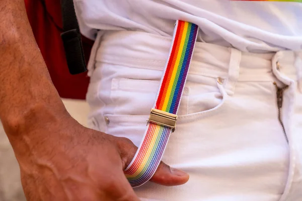 Rainbow Suspenders Gay Black Man Pride Party Lgbt Flag — Fotografia de Stock
