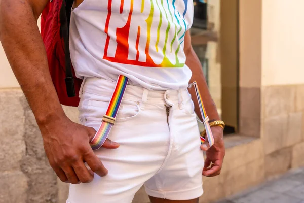 Detail Rainbow Suspenders Gay Black Man Pride Party Lgbt Flag — Zdjęcie stockowe