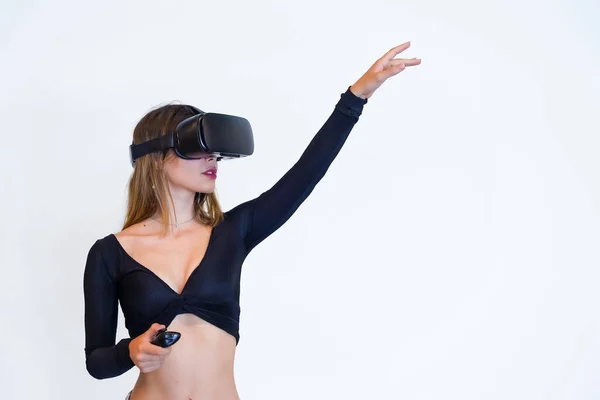 Woman Virtual Reality Glasses White Background Futuristic Concept — Stock Fotó
