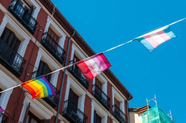 LGBT flags hanging at the pride party in Madrid, rainbow, lesbian, trans