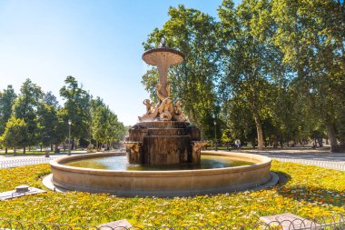 Sculpture of the Fountain of the Galapagos in the Retiro Park in the city of Madrid. Spain