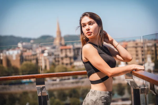 Portrait Young Woman Hotel Terrace Looking City — Stockfoto