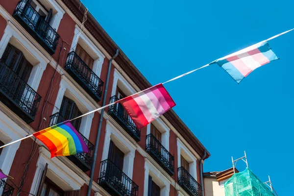 Lgbt Flags Hanging Pride Party Madrid Rainbow Lesbian Trans — Fotografia de Stock