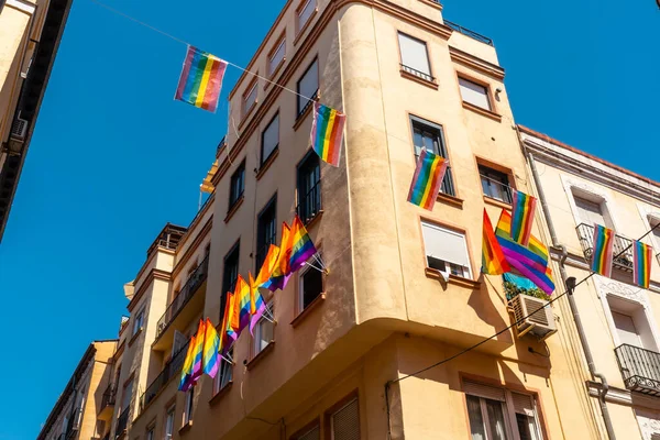 Lgbt Flags Hanging Streets Balconies Pride Party Madrid — Fotografia de Stock
