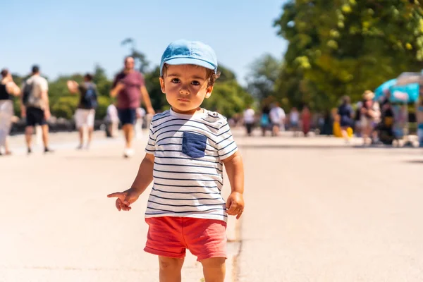 Portrait One Year Old Caucasian Boy Looking Camera Walking Park — 스톡 사진