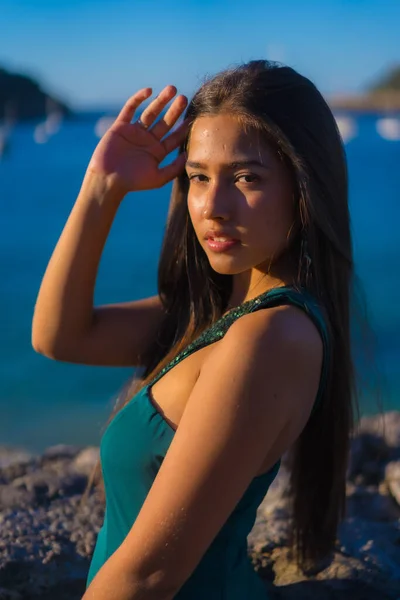 Young Latin Woman Enjoying Green Dress Summer Vacations — Stockfoto