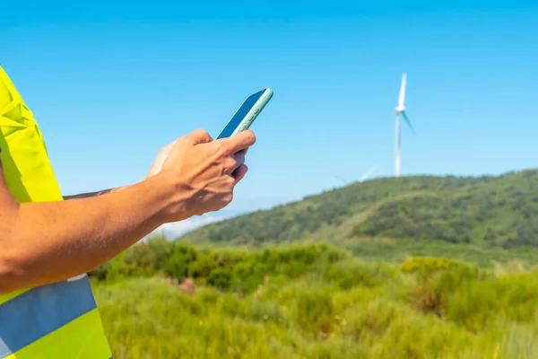 Hands Woman Worker Wind Farm Green Energy Technical Review Phone — Fotografia de Stock