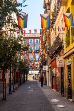 lgbt flags hanging in the streets and balconies at the pride party in madrid