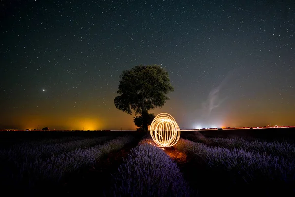 Rings Light Milky Way Summer Lavender Field Starry Sky Brihuega — Fotografia de Stock
