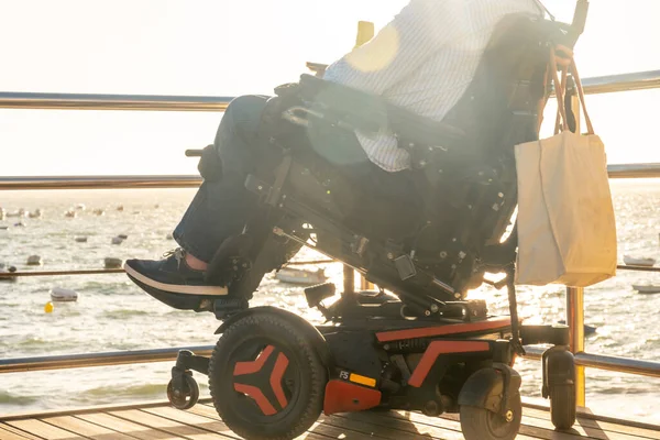 Disabled Man Sitting Wheelchair Looking Sunset — Stockfoto