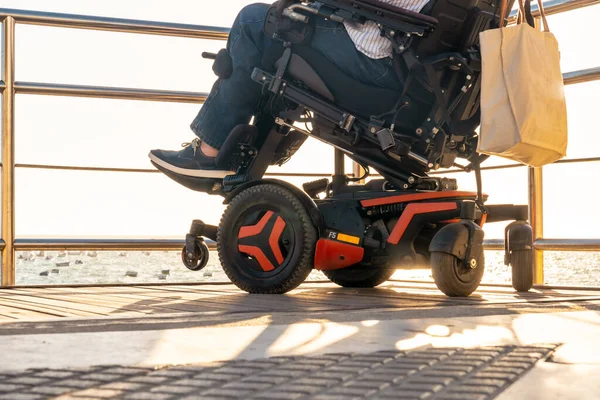 Disabled Man Sitting Wheelchair Looking Sunset Sea — Stockfoto