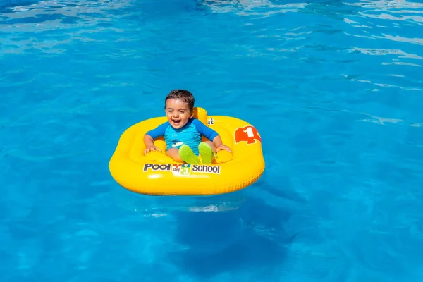 One Year Old Caucasian Boy Smiling Yellow Float Swimming Pool — Fotografia de Stock