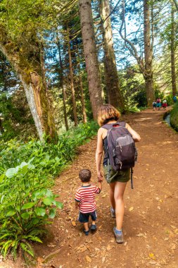 A mother with her son on the forest path, summer in the Levada do Caldeirao Verde, Queimadas, Madeira