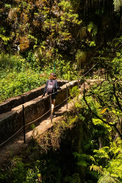 Young Woman Bridge Levada Caldeirao Verde Trail Queimadas Madeira — Zdjęcie stockowe