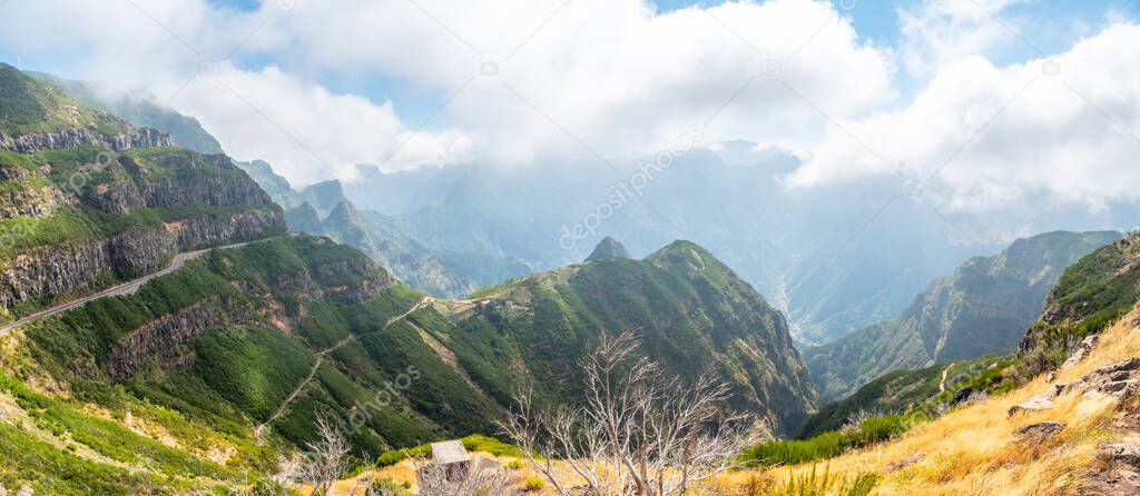 Panoramic view from the Miradouro Lombo do Mouro in a mountain viewpoint in Madeira in summer. Portugal