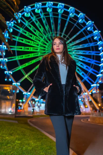 Kerstmis Stad Winter Decoratie Portret Nachts Met Een Verlicht Reuzenrad — Stockfoto