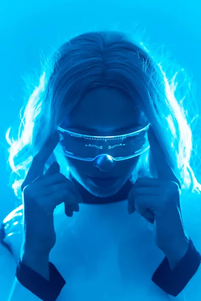 Woman Futuristic Suit Glasses Blue Lights Virtual Metaverse Concept Serious — ストック写真