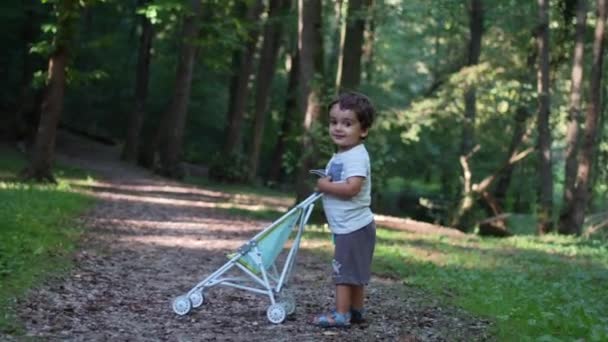 Ένα Παιδί Παίζει Ένα Πάρκο Σπρώχνοντας Ένα Καροτσάκι Μωρού Ενός — Αρχείο Βίντεο