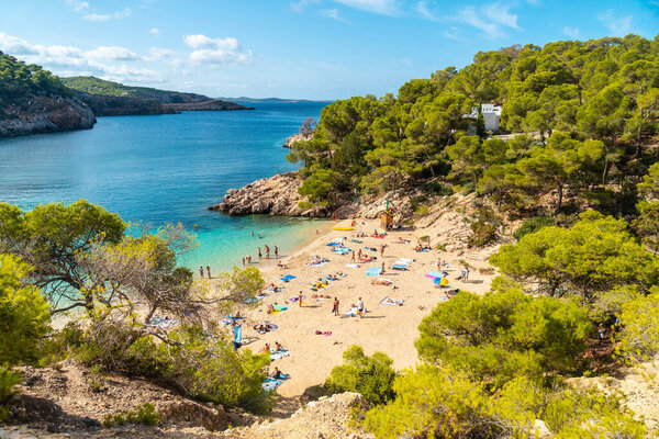 Vacation concept, paradisiacal beaches on the coast of Ibiza, Playa Salada and Saladeta. Balearic