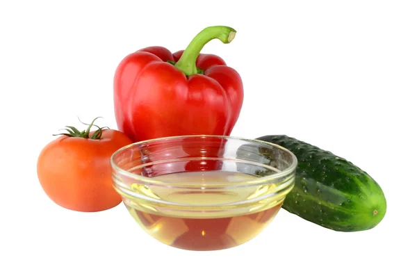 Design with pepper, tomato, cucumber and oil. — Stock Photo, Image