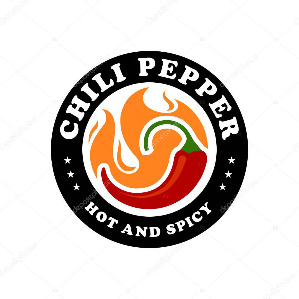Chili pepper in fire vector illustration. Hot and spicy food symbol. Circle shape emblem, label, logo design template.