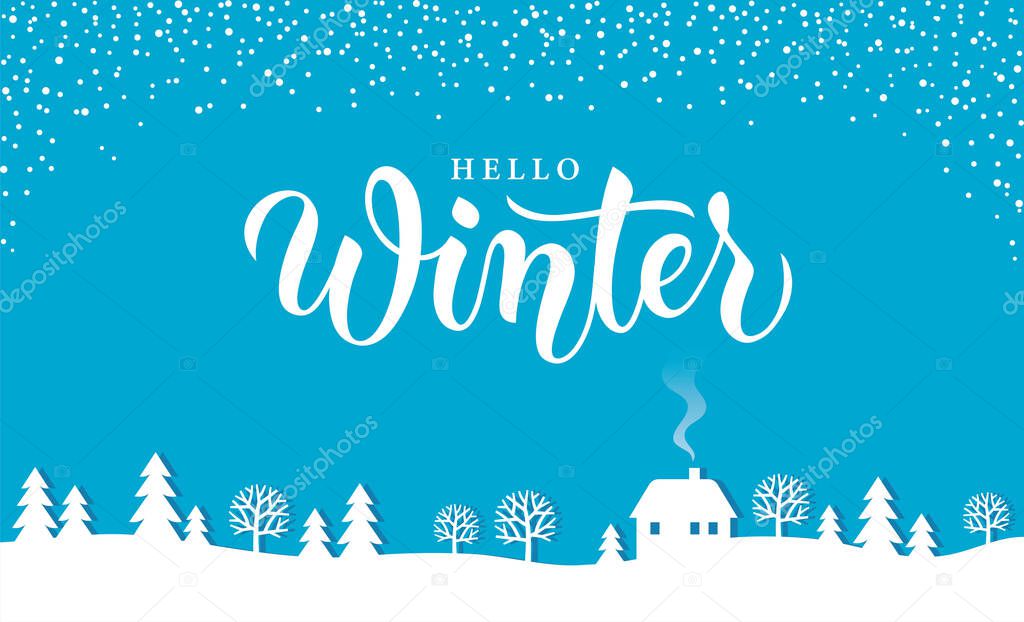 Winter lettering and papercut landscape. Christmas illustration, background, banner design in vector.