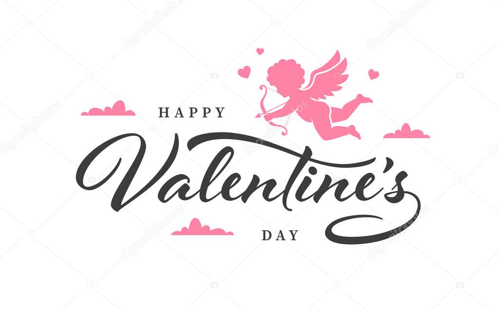 Valentine's Day greeting card design with text and cupid silhouette. Vector illustration and lettering