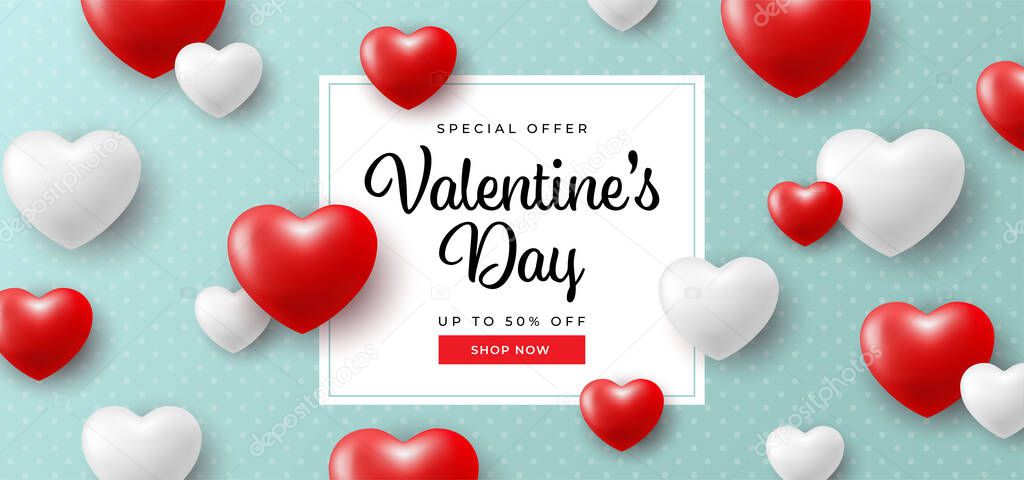 Valentine's Day web banner, voucher or greeting card design template. Vector background with 3d hearts.