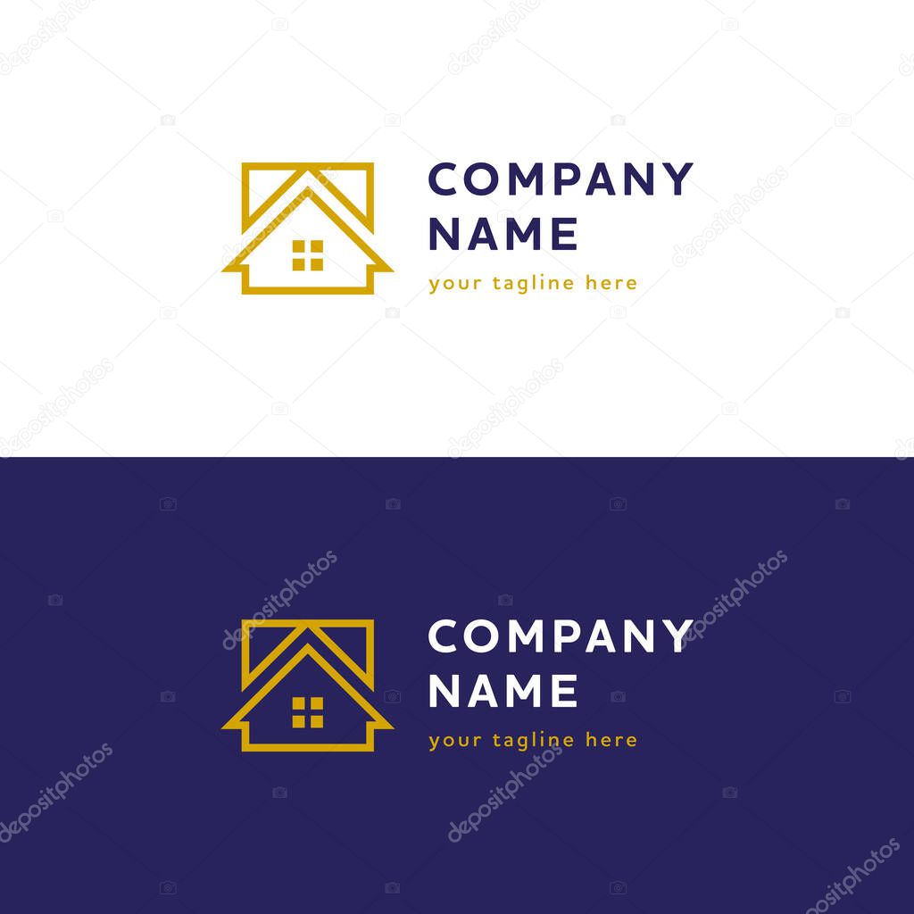 Real estate logotype with a square shape house icon. Architecture, building, construction, interior design vector symbol.