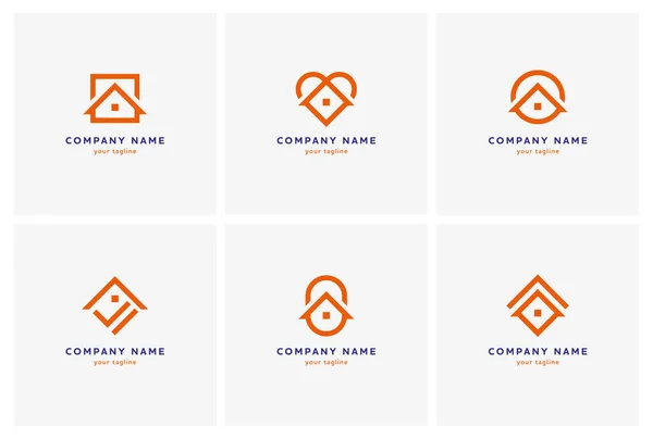 Immobilien Logo Sammlung Sechs Haus Oder Hauszeilensymbole Verschiedenen Geometrischen Formen — Stockvektor