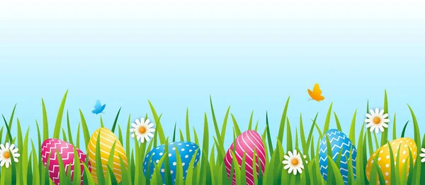 Huevo Pascua Caza Vector Fondo Con Huevos Colores Una Hierba — Vector de stock