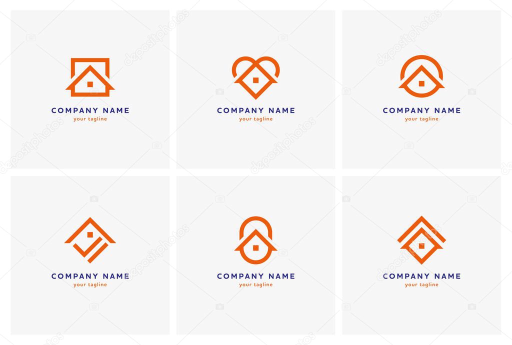 Real estate logo collection. Six house or home line icons in different geometric shapes. Vector logotype set.