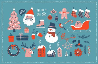 Elle çizilmiş illüstrasyonlar ve tasarım elementlerinin Noel koleksiyonu. Noel ağacı, kardan adam, Noel Baba, geyik vs..