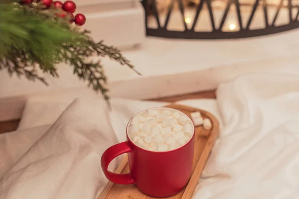 Cena de vibrações acolhedoras com uma xícara de bebida quente com marshmallows brancos na frente da lareira. Foco seletivo. Ambiente acolhedor durante as férias de inverno conceito — Fotografia de Stock