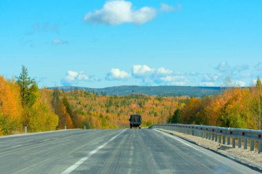 Turuncu, yeşil ağaçlar ve mavi gökyüzü arasında yol olan parlak bir sonbahar sahnesi. Yumuşak seçici odaklanma. Doğanın güzelliği, seyahat kavramı