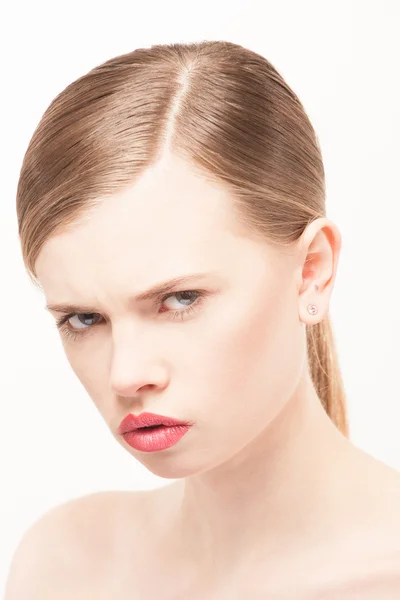 Portrait of beautiful young woman with clean face. High key shot — Stock Photo, Image