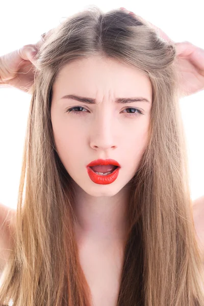 Portrait of attractive young woman with red lipstick — Stock Photo, Image