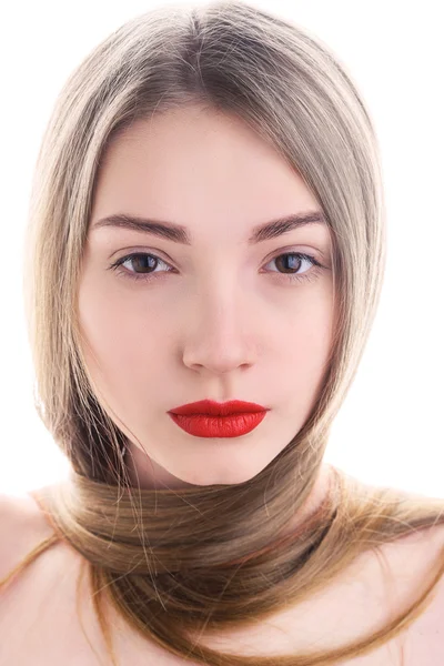 Piros rúzs vonzó fiatal nő portréja — Stock Fotó